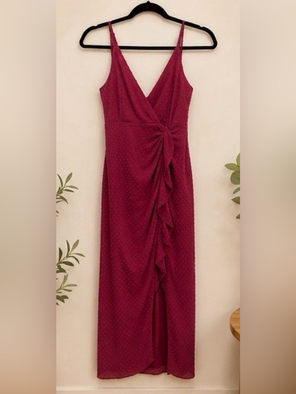 Twist-Detail Midi Dress in Raspberry with Spaghetti Straps